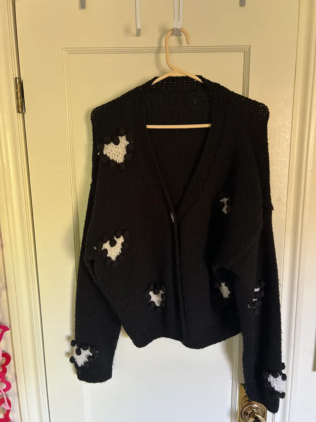 Black Knit Cardigan with Pom Poms