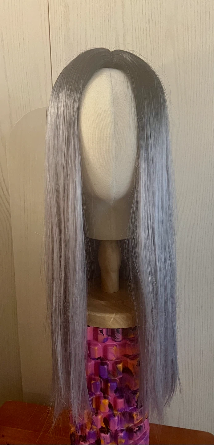 Long Straight Two Tone Black & Gray/Silver Ombré Wig