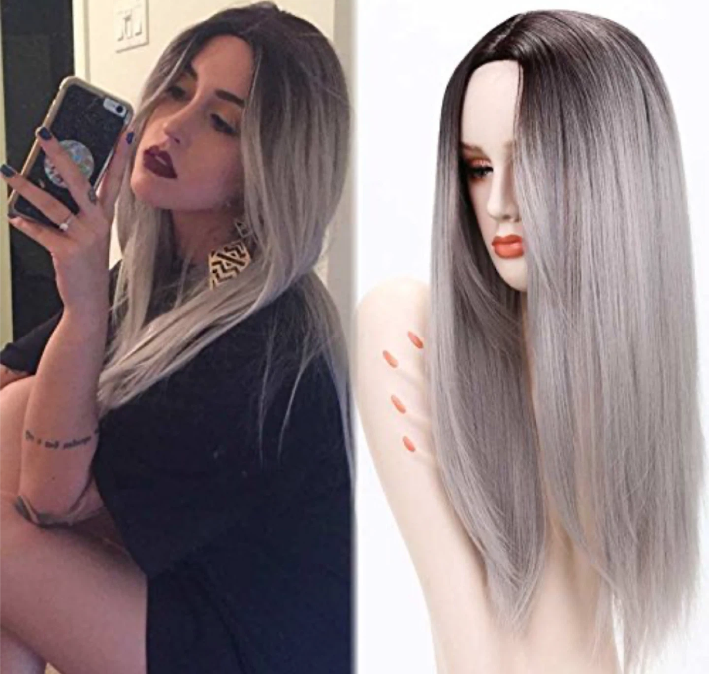Long Straight Two Tone Black & Gray/Silver Ombré Wig - photo 5