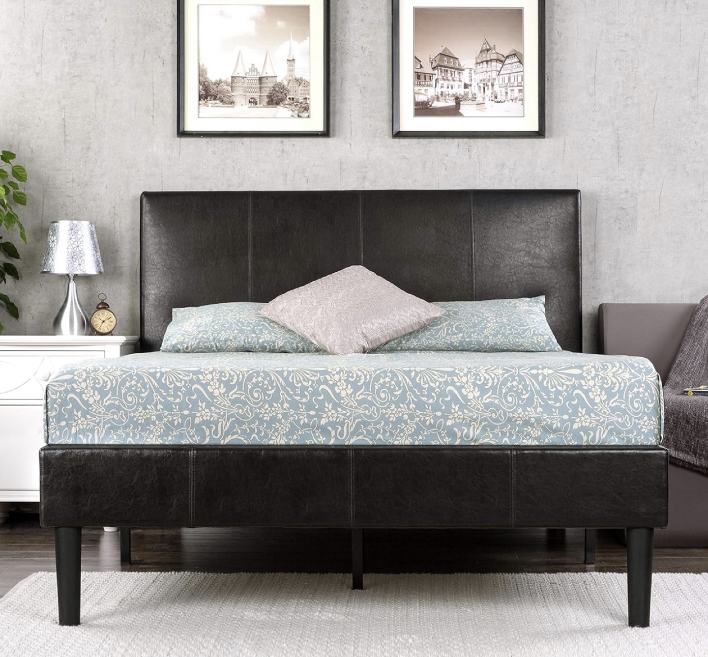 Black Faux Leather Platform Bed Frame queen