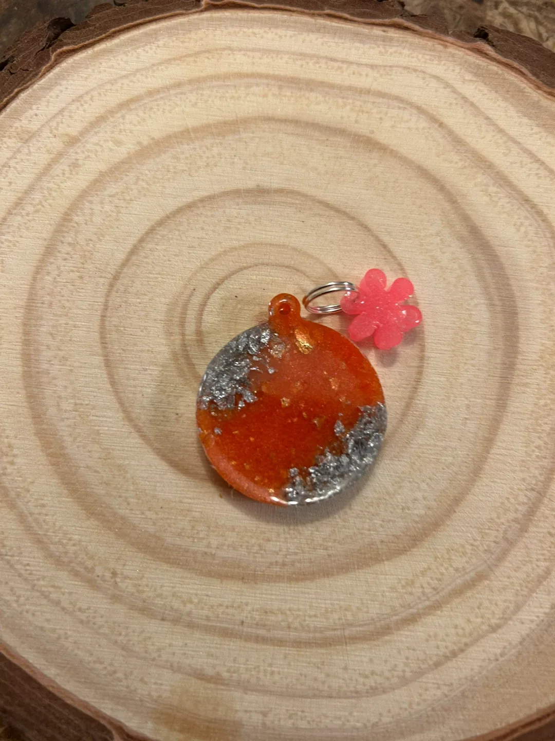 Handmade Orange Resin Pet Tag with Flower Charm