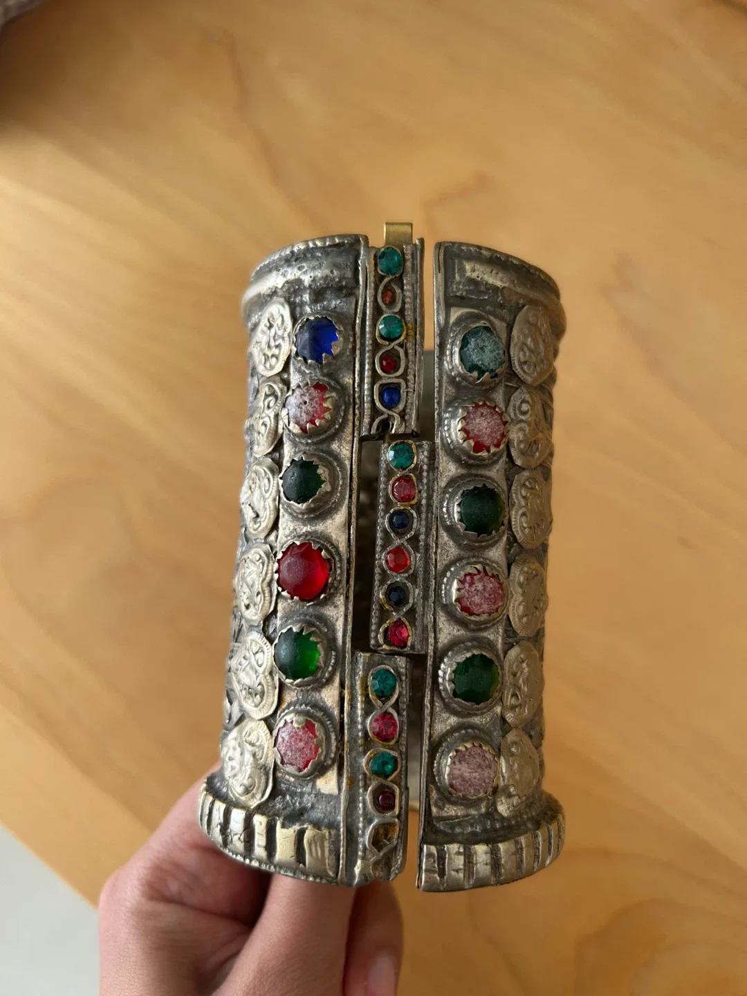 Vintage Silver Tone Cuff Bracelet with Gemstones thumbnail
