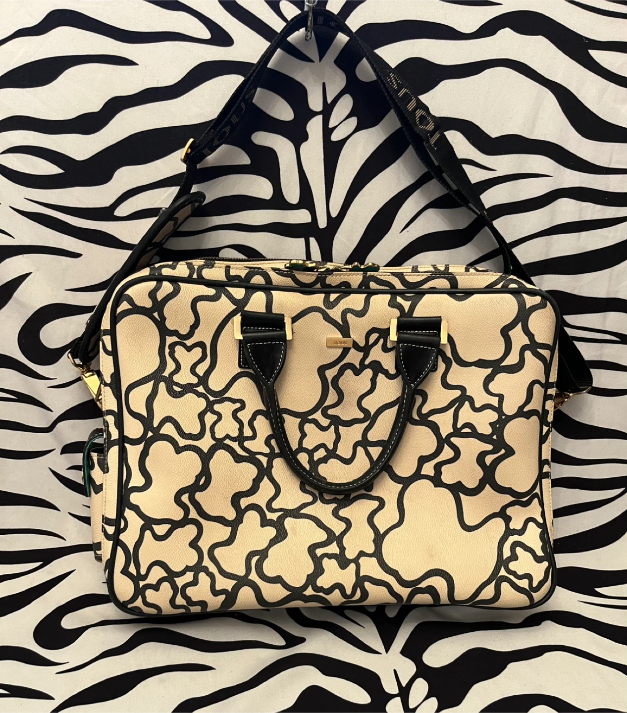 🧸🖤 TOUS Kaos Pix laptop briefcase in beige and black print 🖤🧸