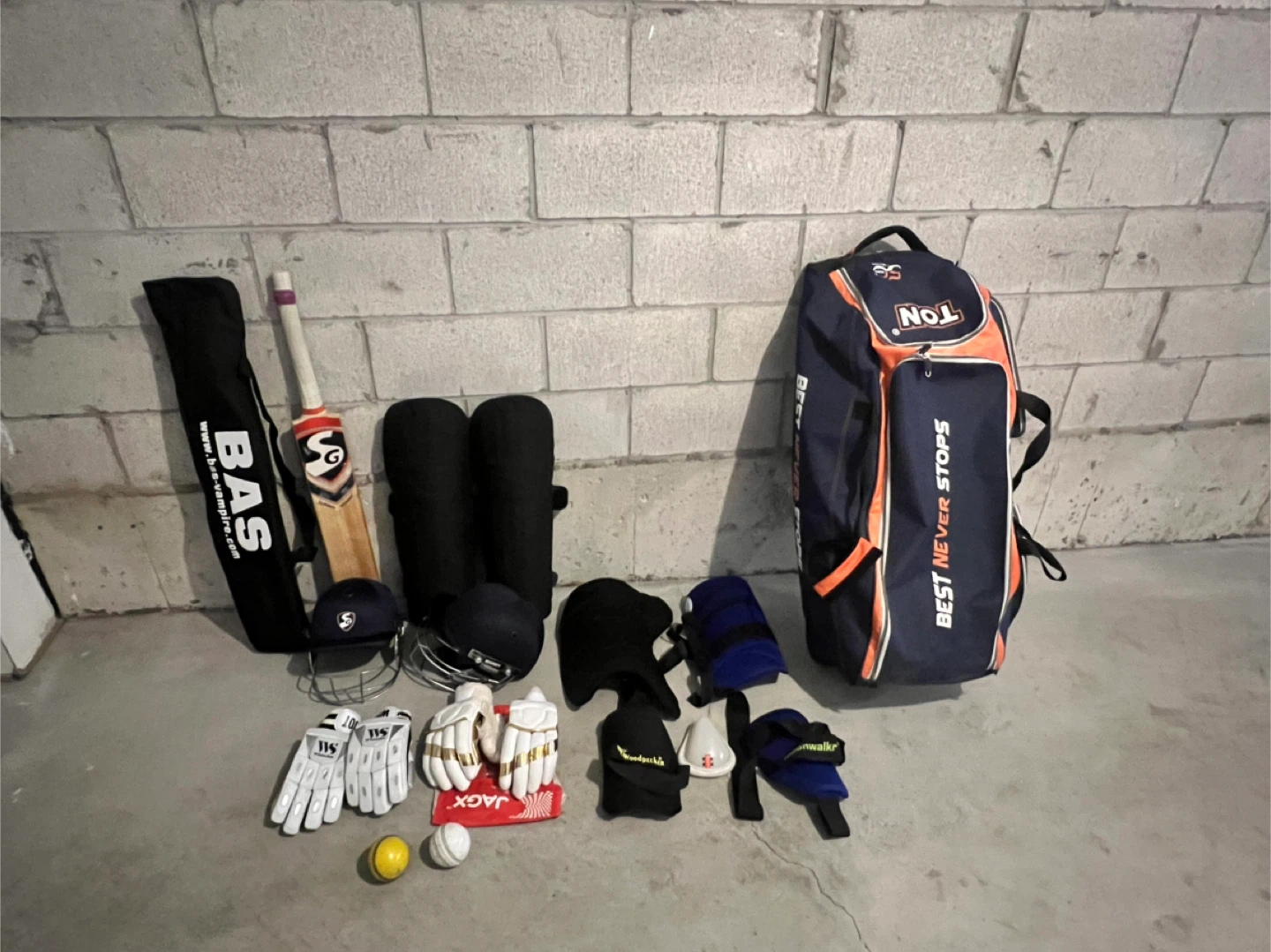Cricket Gear Set: SG Bat, BAS Bag, Gloves & More