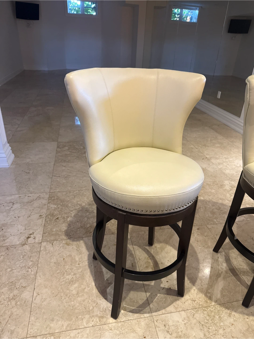 Set of 5 Cream Leather Bar Stools wood, and leather - photo 2