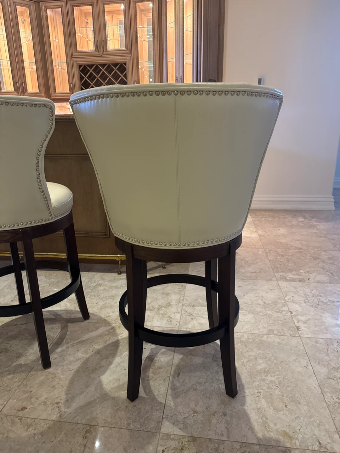 Set of 5 Cream Leather Bar Stools wood, and leather - photo 3