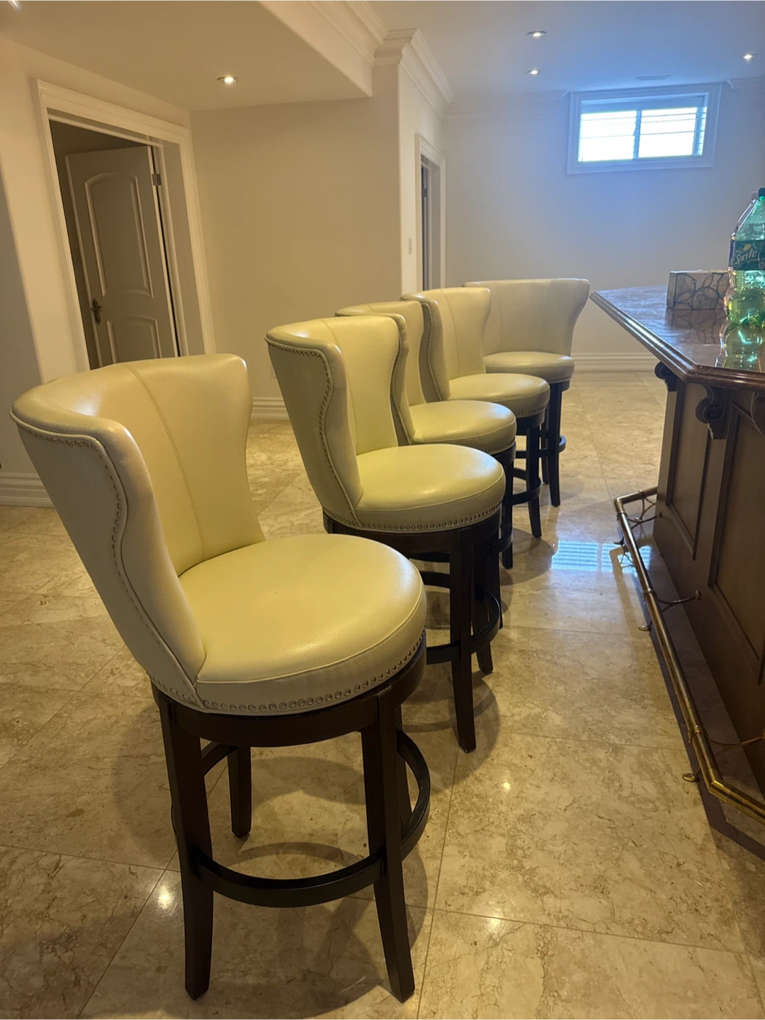 Set of 5 Cream Leather Bar Stools wood, and leather