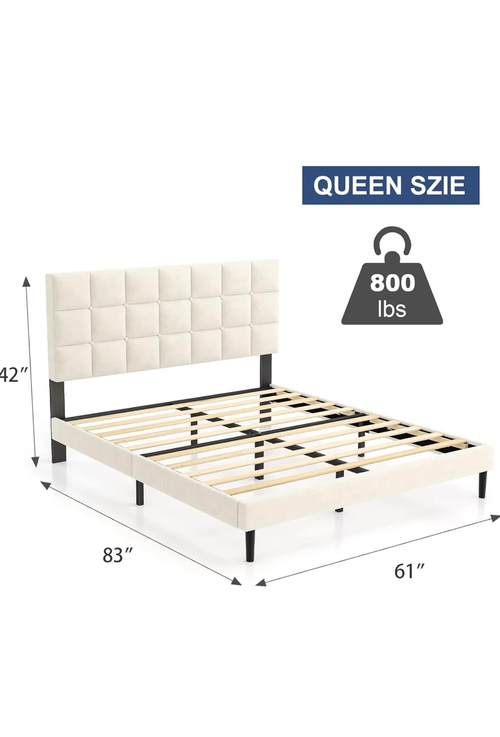 Queen Size Bed Frame with Fleece Headboard - photo 2