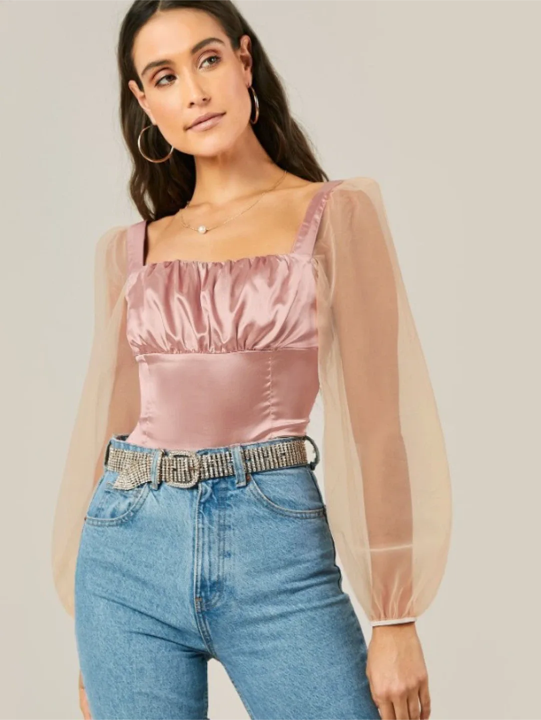 Pink Satin Top with Tulle Sleeves thumbnail