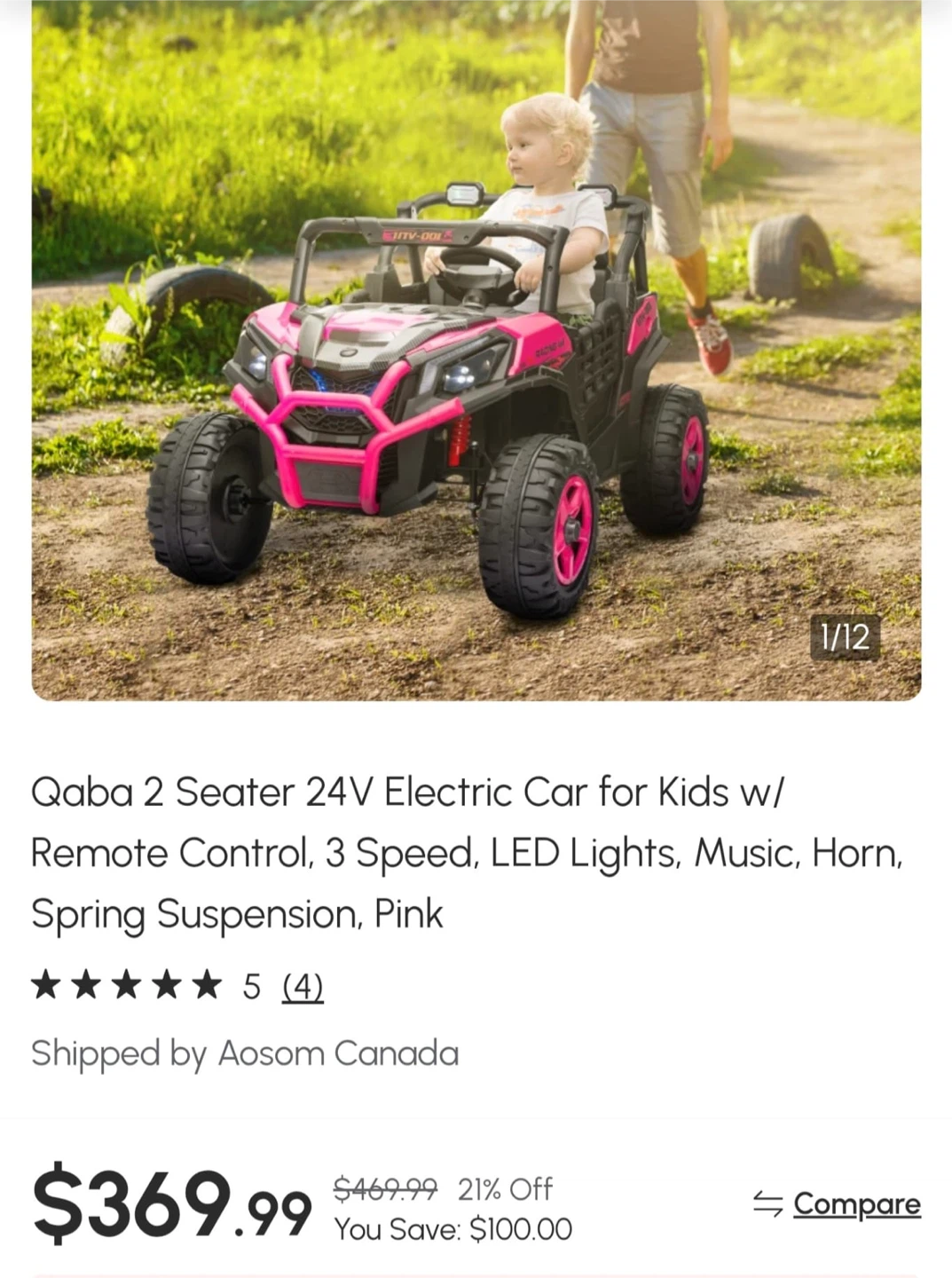 Qaba 2 Seater 24V Electric Car - Pink