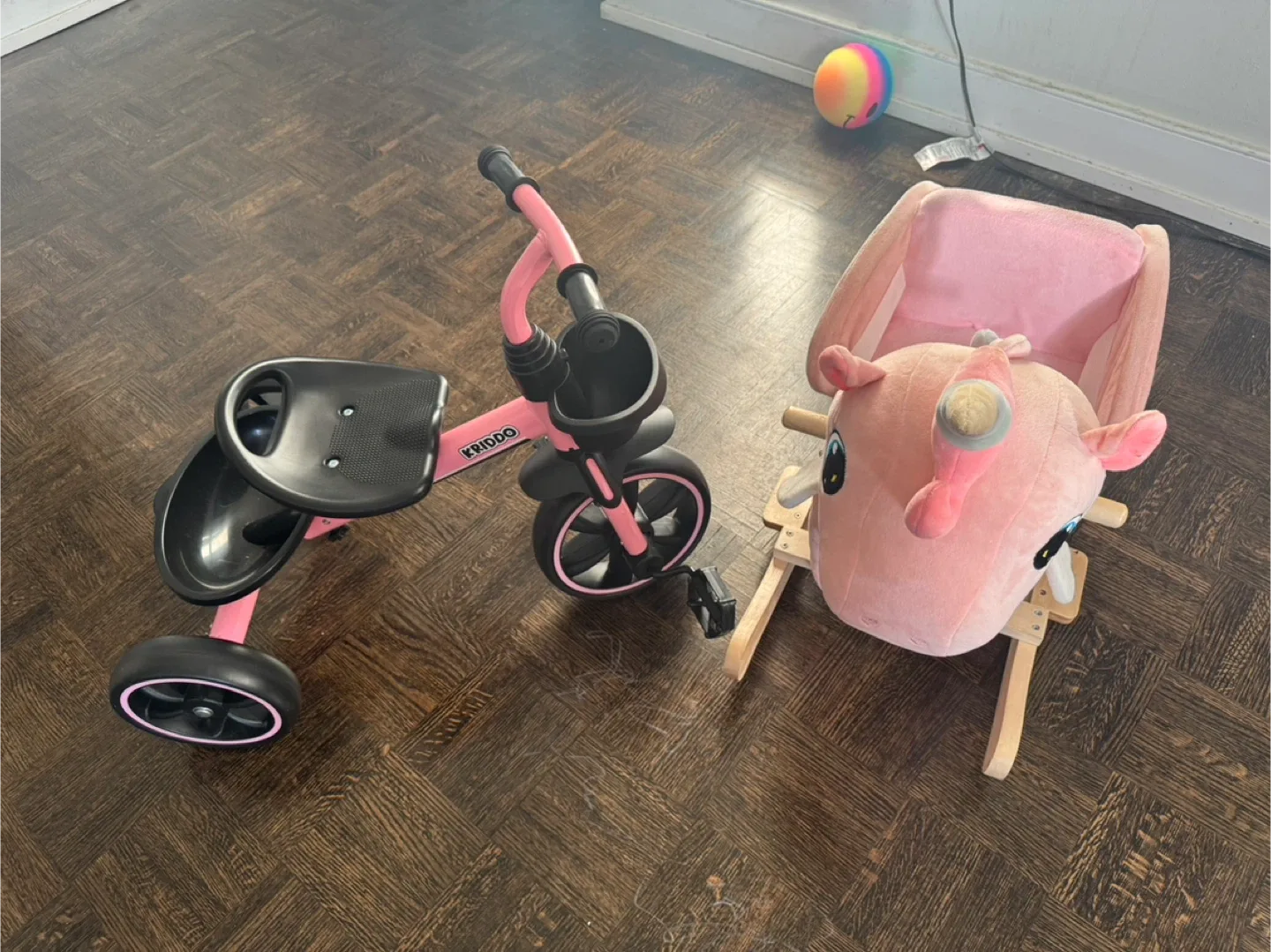 Kriddo Pink Toddler Tricycle & FUNLIO Unicorn Rocking Horse image indicator(2)