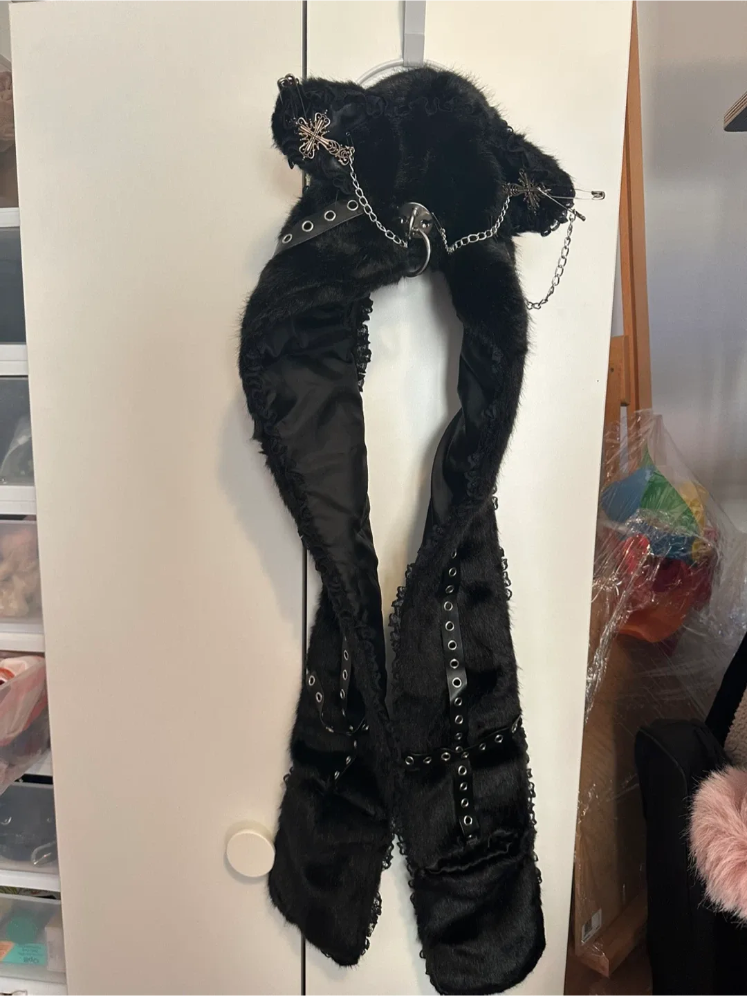 Halloween/ gothic Black Faux Fur Hat&Scarf with Metal Details thumbnail