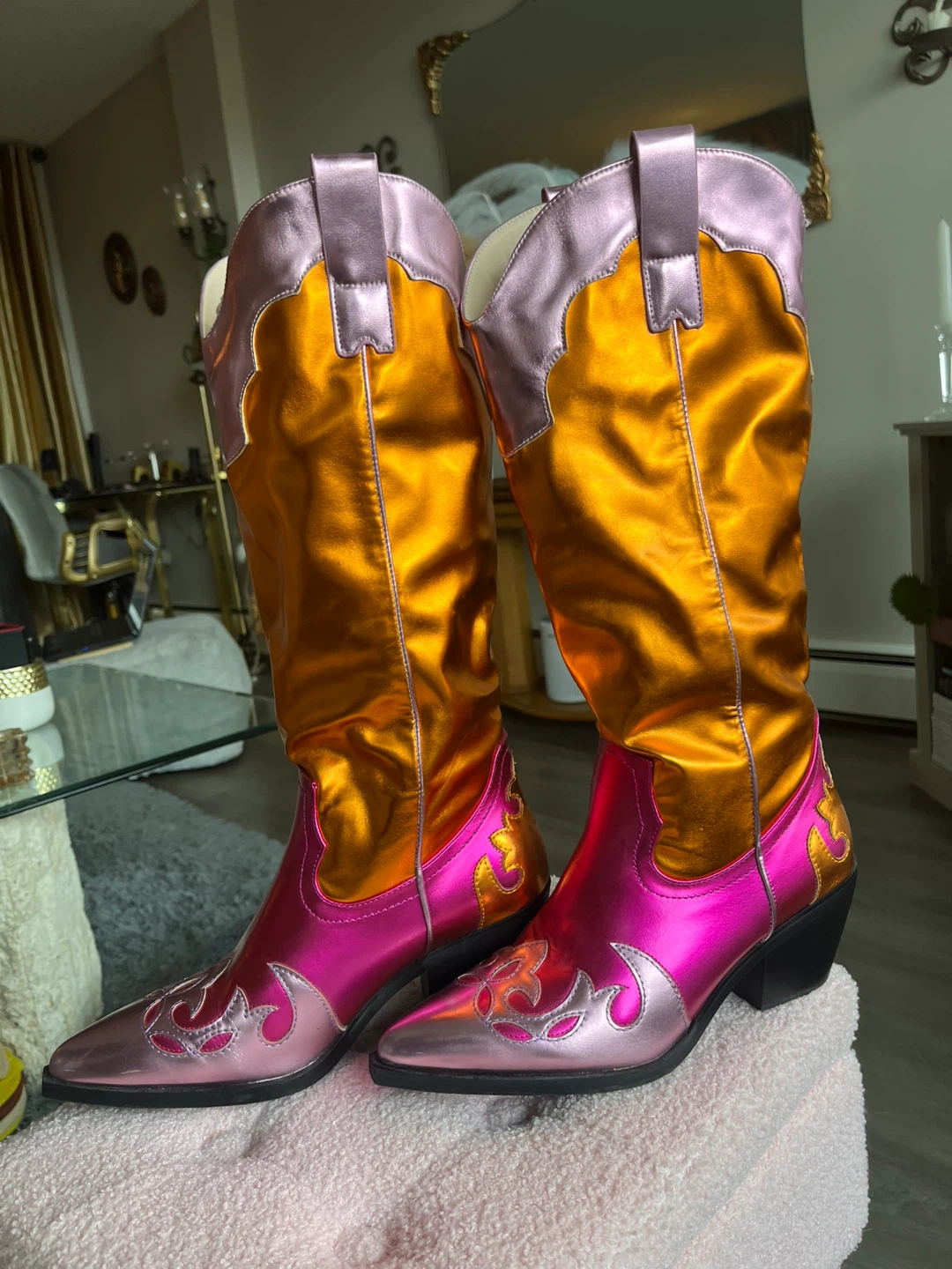 Pink & Gold Metallic Cowboy Boots - Like New - 8.5 - photo 5