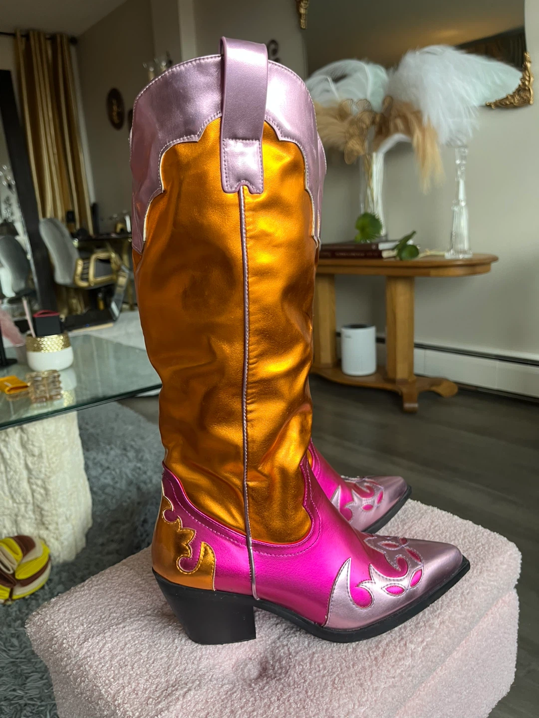 Pink & Gold Metallic Cowboy Boots - Like New - 8.5 - photo 2