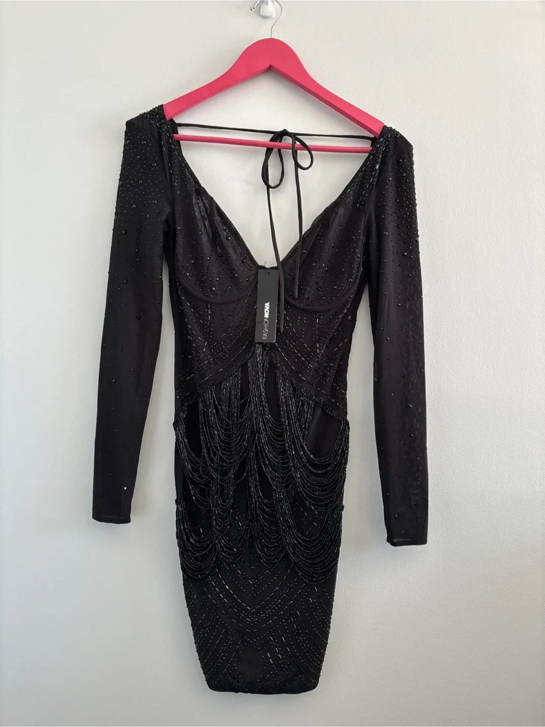 NWT Fashion Nova | Black Rhinestone Mini Dress - S thumbnail