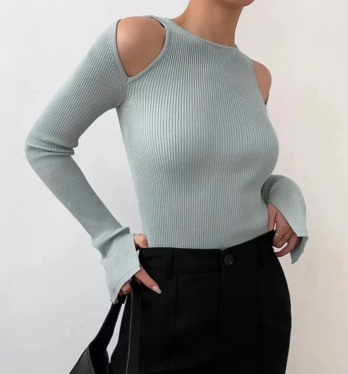 COMMSENE Light Blue Cut Out Shoulder Long Sleeve Top S image indicator(2)
