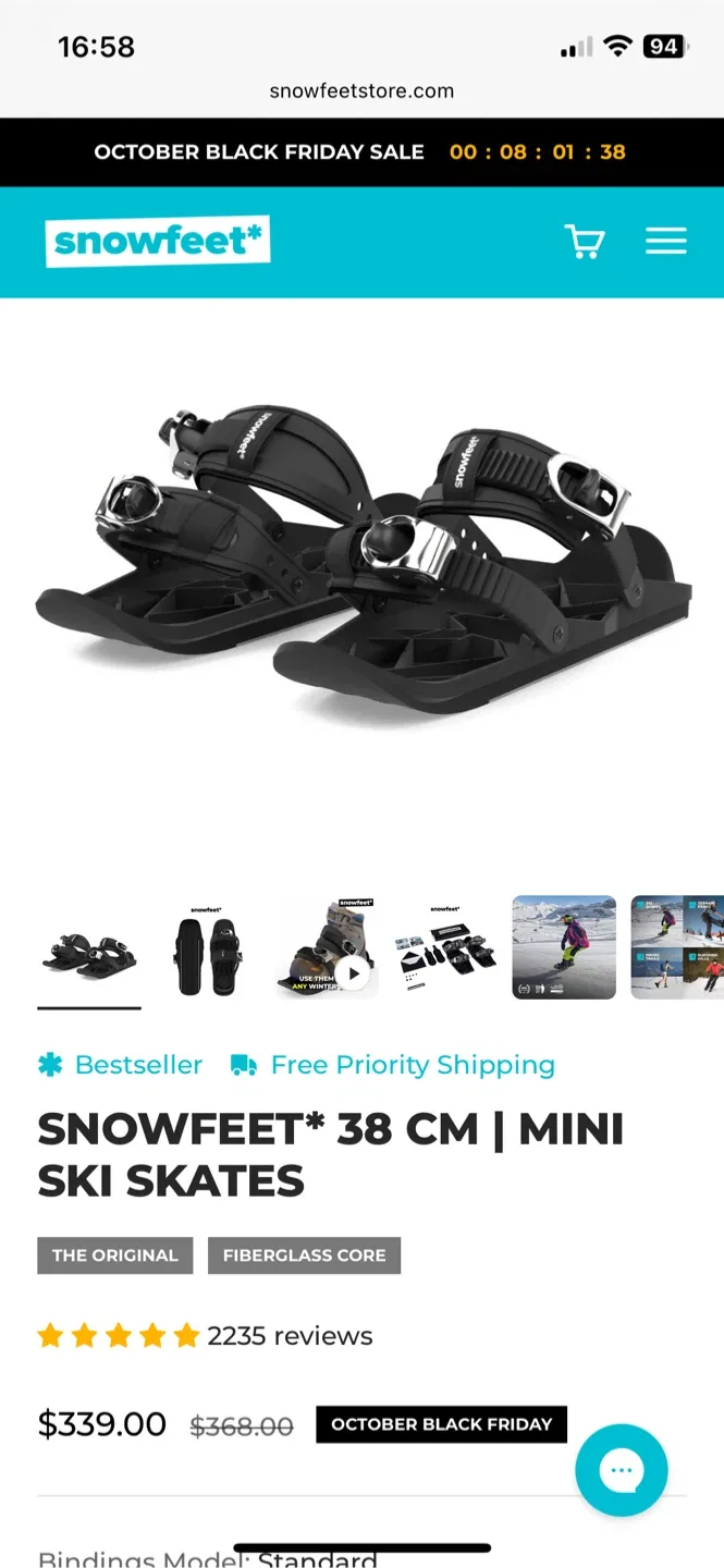 Snowfeet 38 cm Mini Ski Skates - Black thumbnail