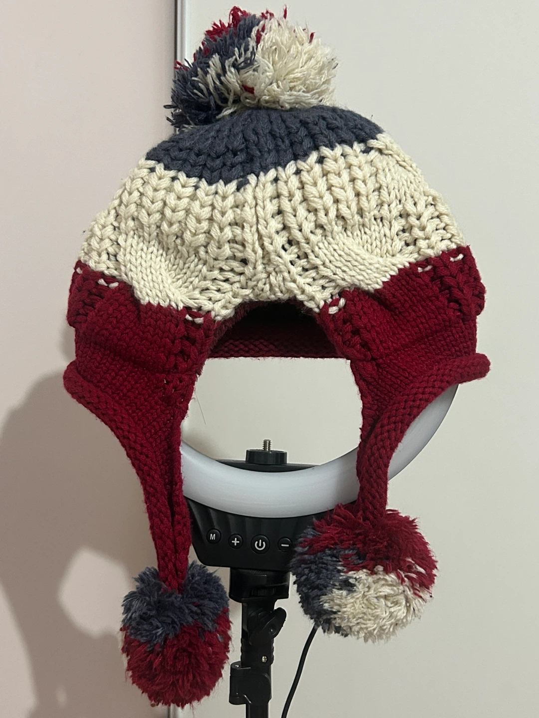 Knitted Pom Pom Hat - Red, White & Blue