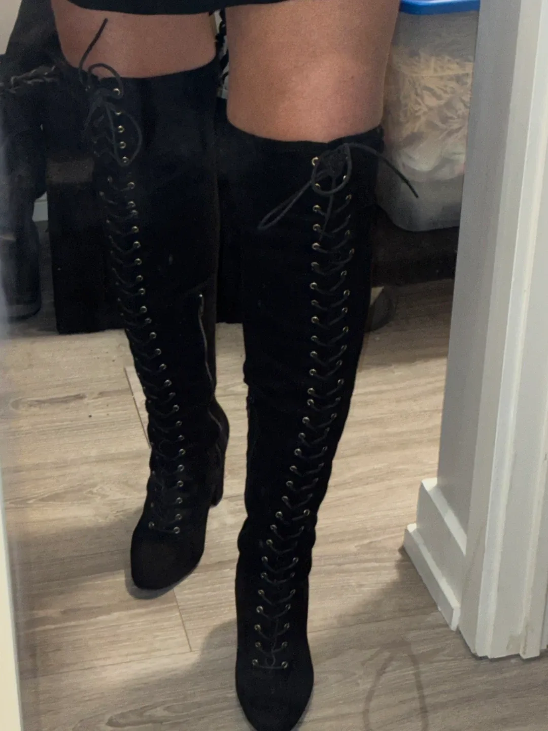 Faux suede / Black Lace-Up Over-the-Knee Boots