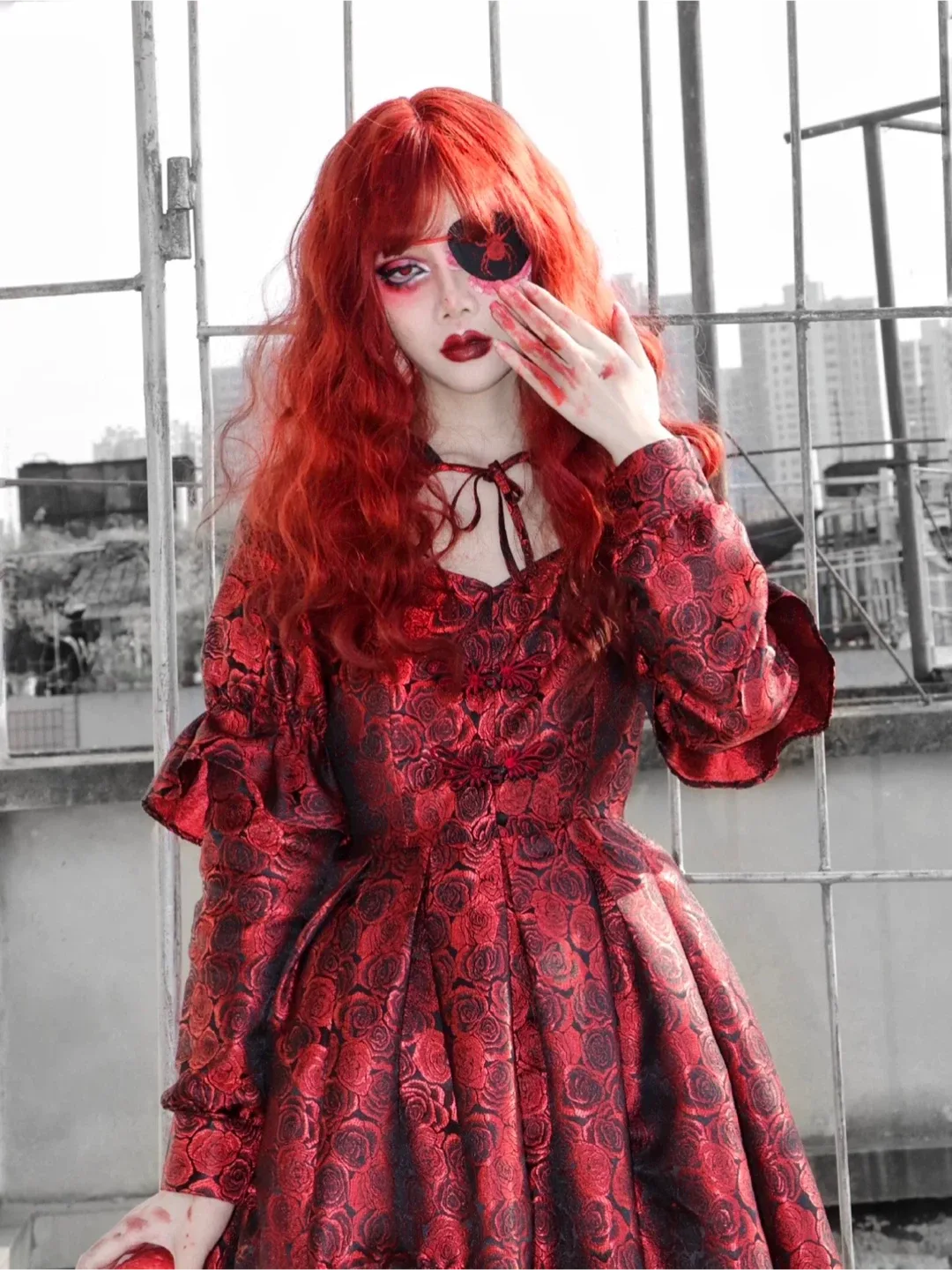 Burgundy Rose Pattern Lolita Dress/ Halloween vampire costume image indicator(2)
