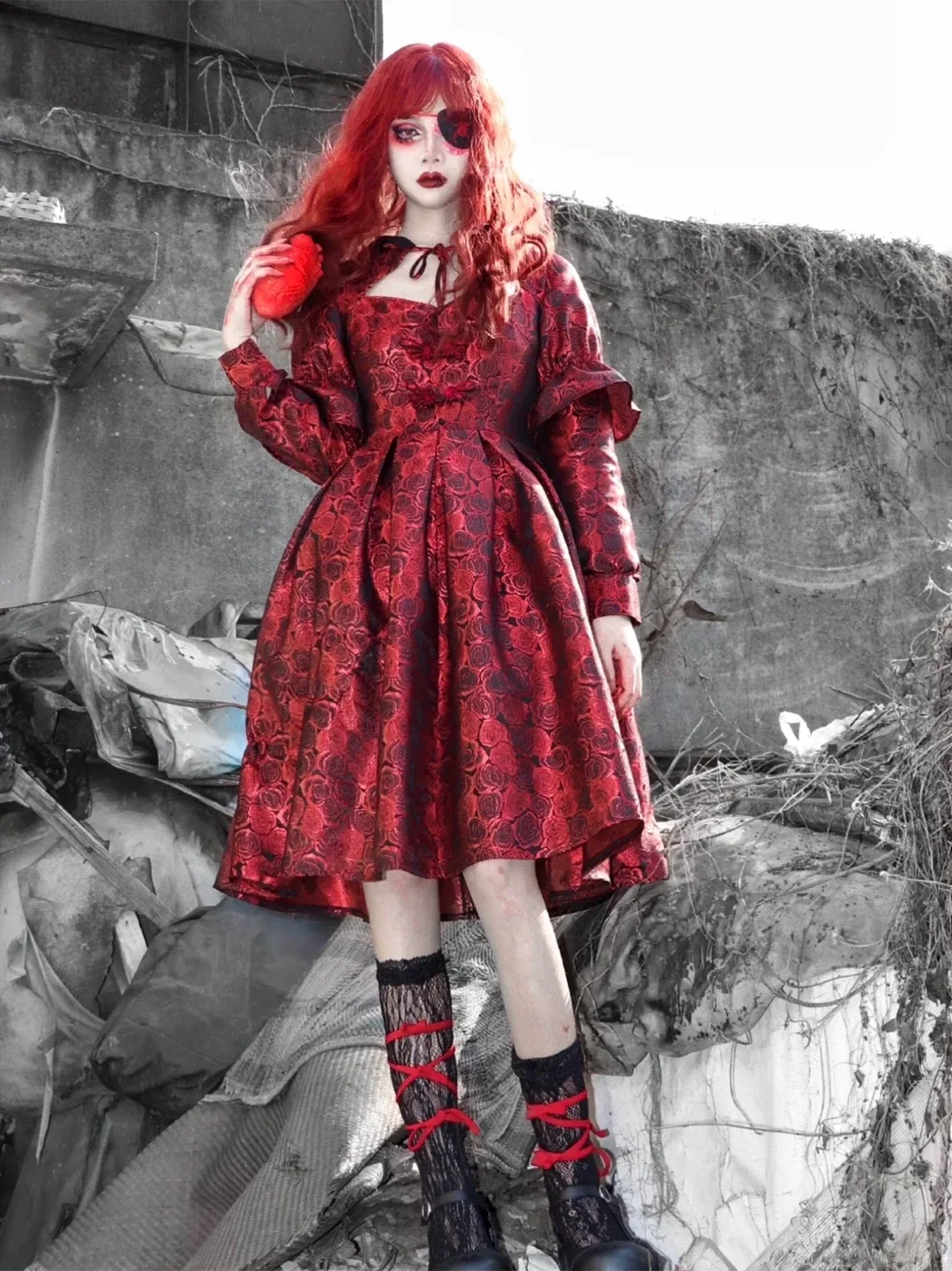 Burgundy Rose Pattern Lolita Dress/ Halloween vampire costume image indicator(3)