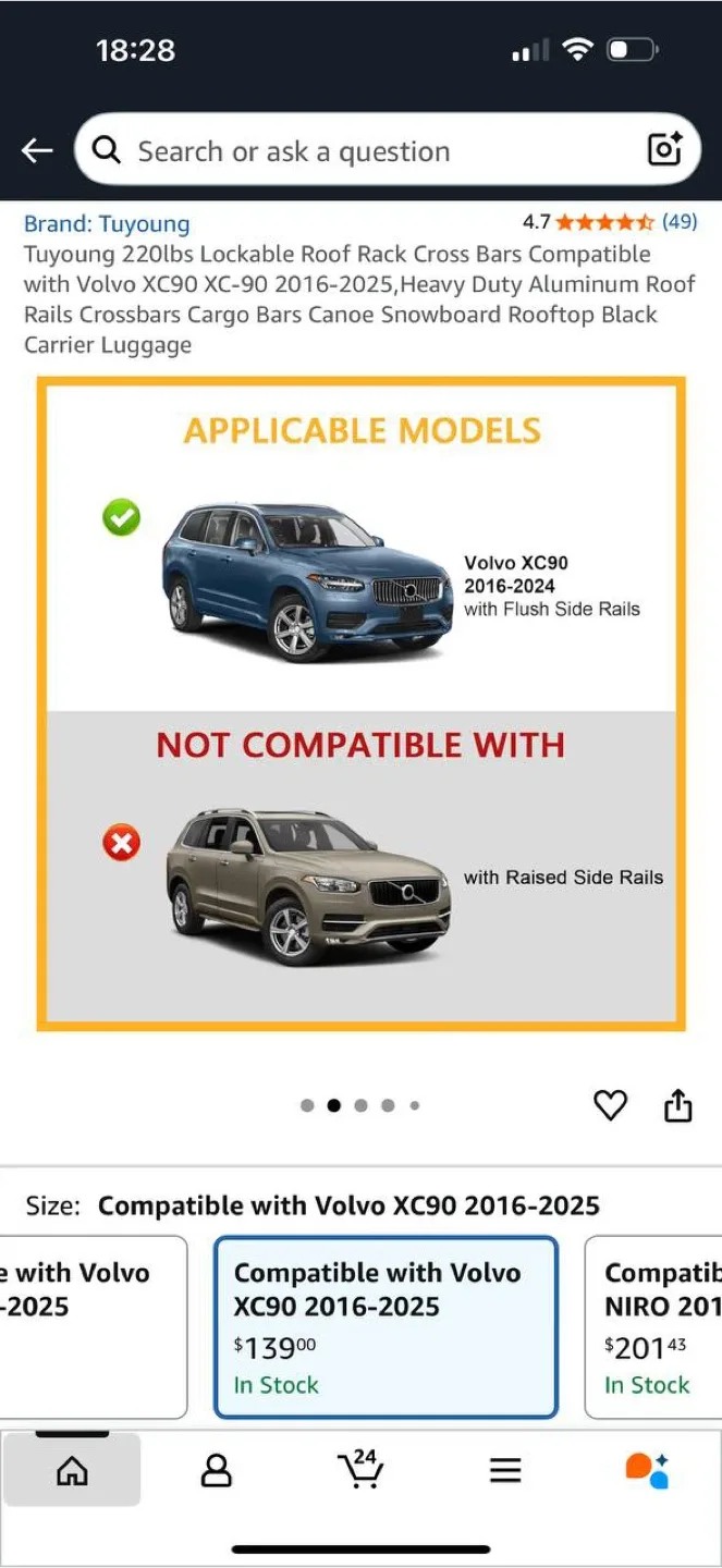 Tuyoung Roof Rack Cross Bars for Volvo XC90 (2016–2025) image indicator(2)