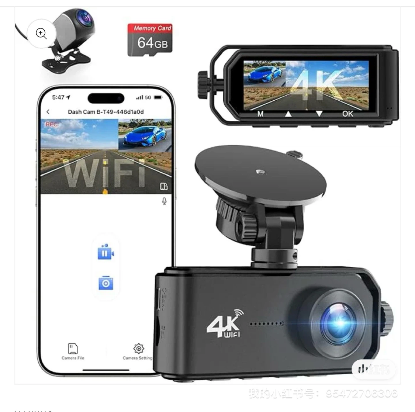 4K WiFi Dash Cam with 64GB Memory Card