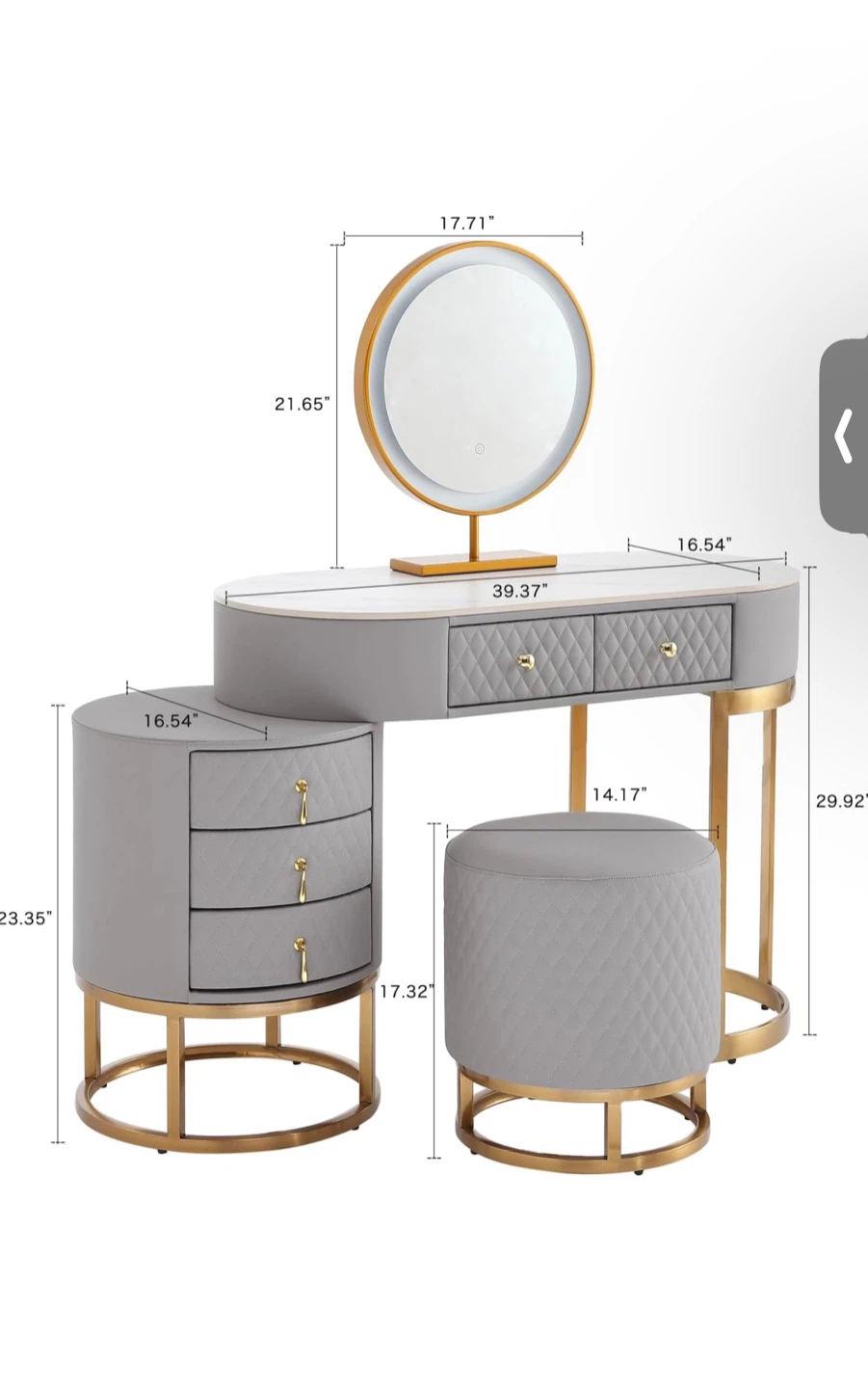 Modern Gray & Gold Vanity Set with Lighted Mirror and Stool - photo 3