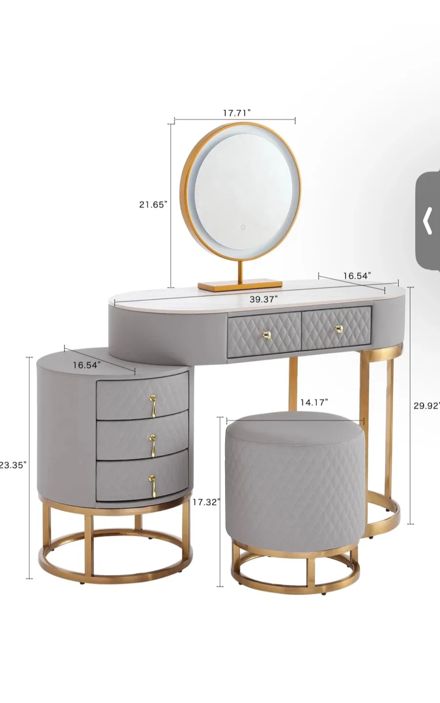 Modern Gray & Gold Vanity Set with Lighted Mirror and Stool image indicator(3)