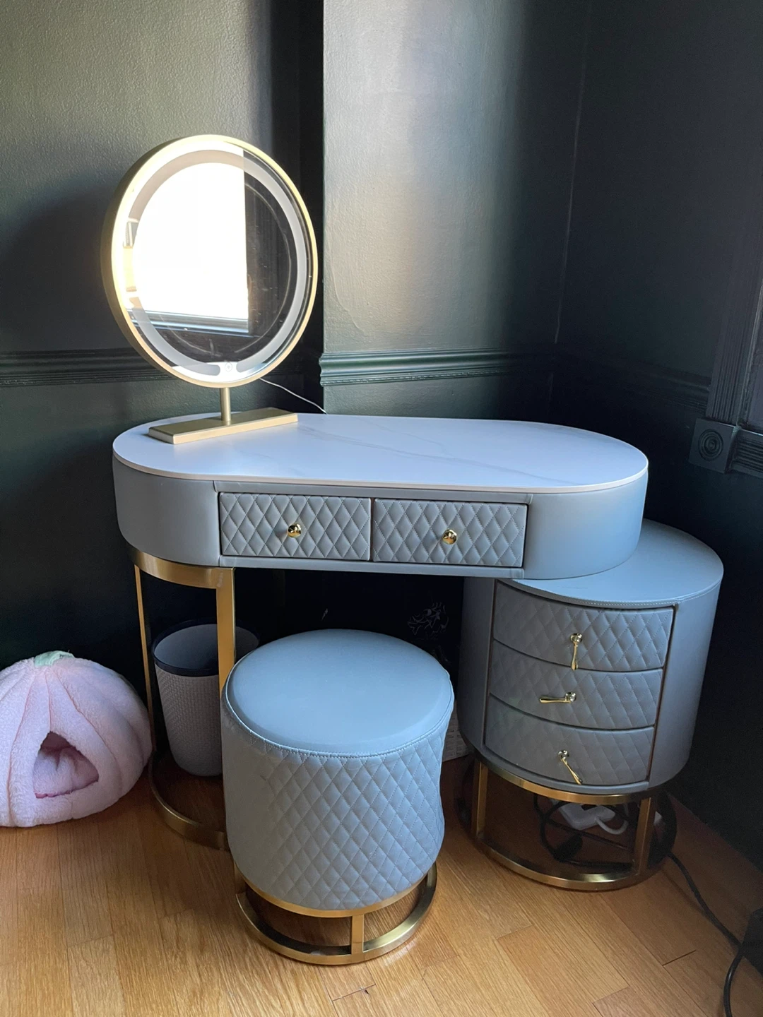 Modern Gray & Gold Vanity Set with Lighted Mirror and Stool