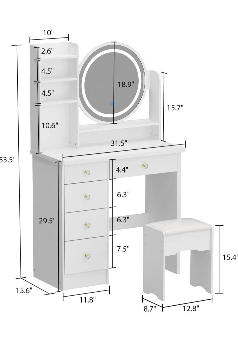 White Vanity Set with LED Mirror and Stool - photo 3