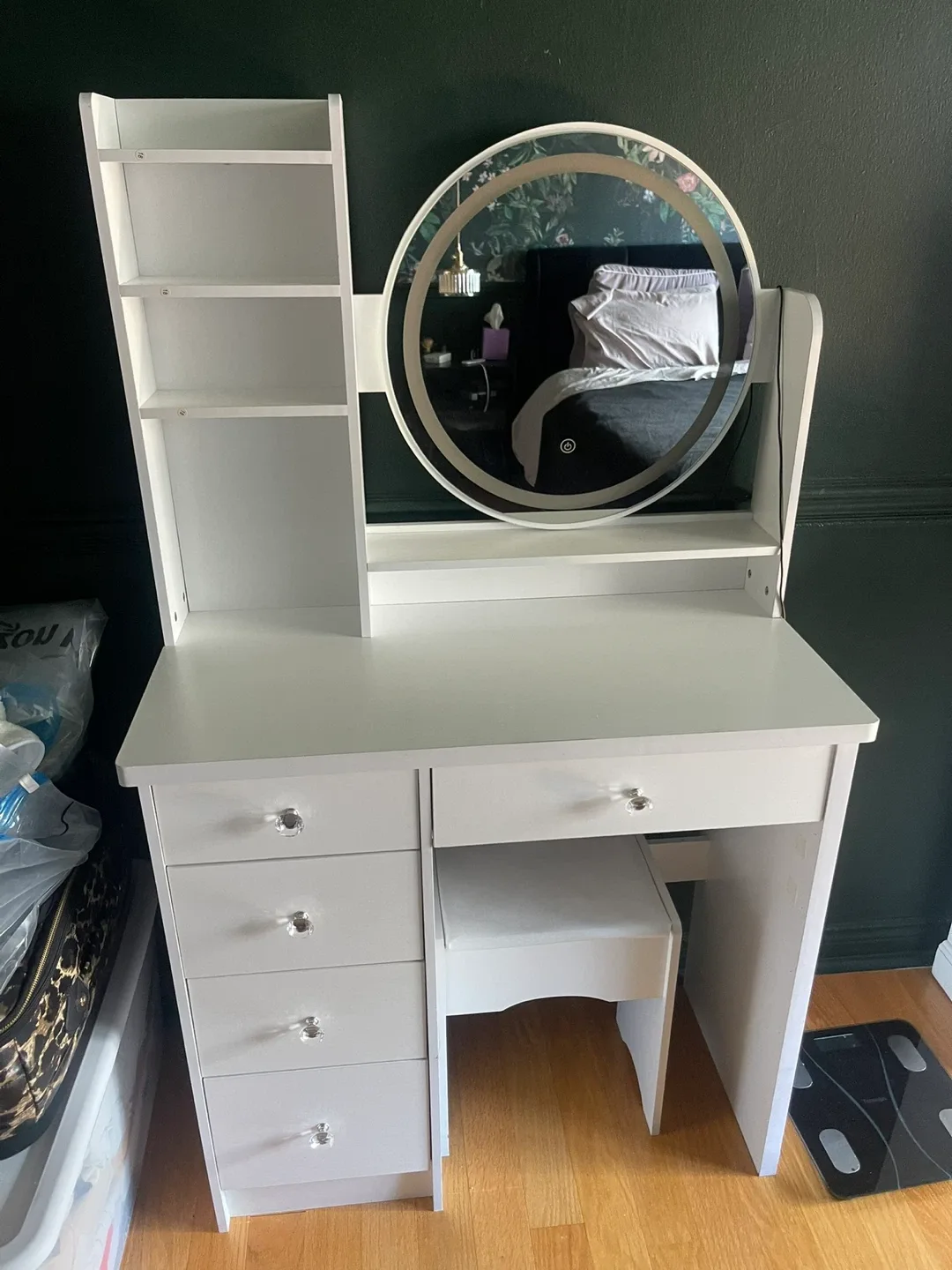 White Vanity Set with LED Mirror and Stool