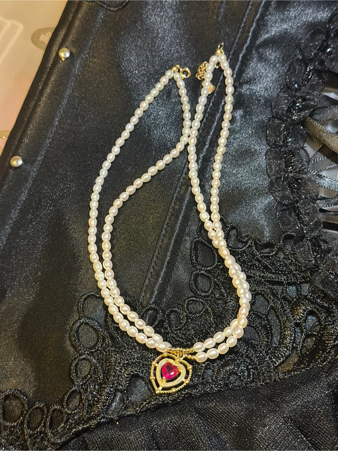 $50 Pearl Necklace choker with Ruby Heart Pendant thumbnail