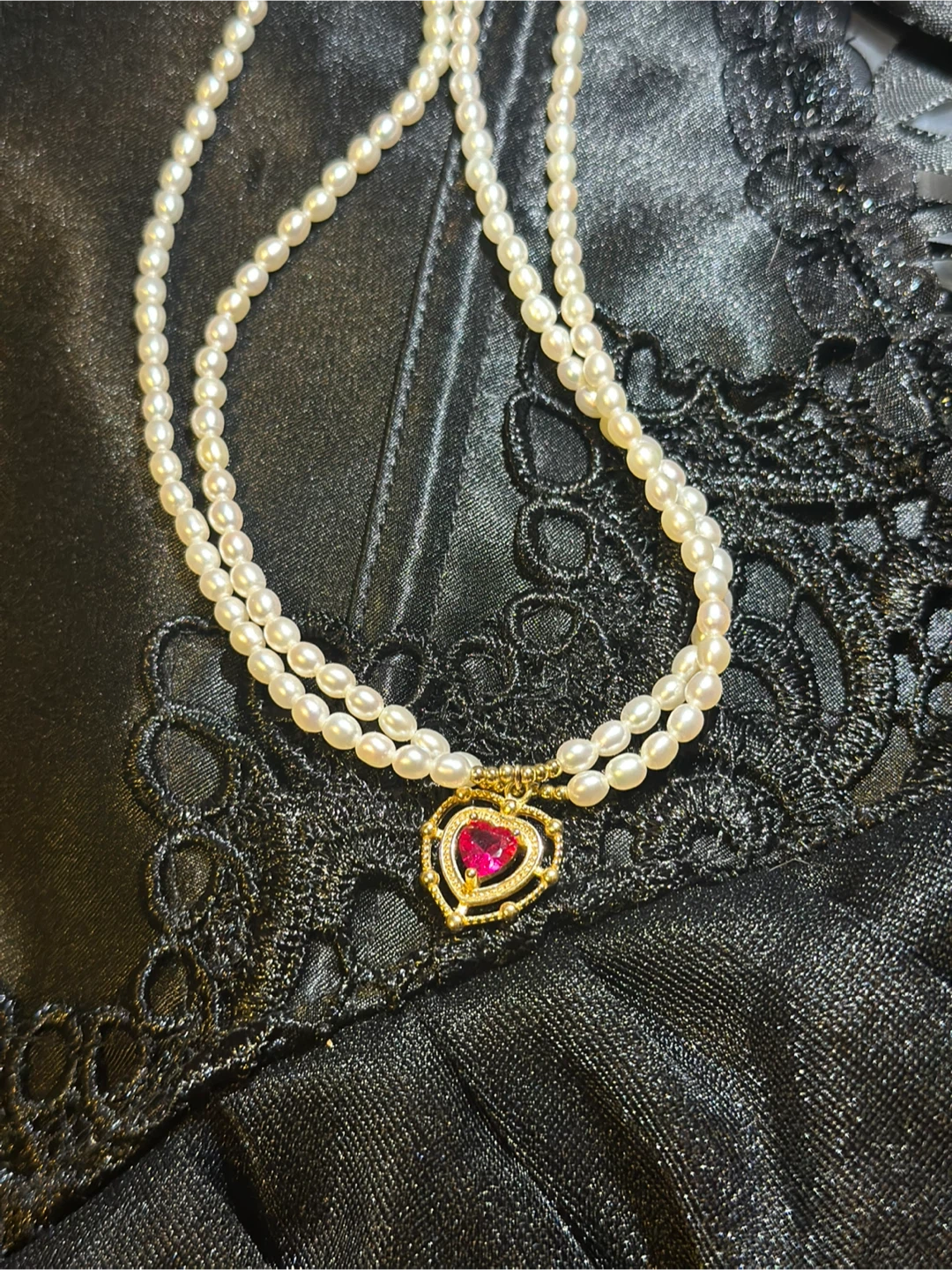 $50 Pearl Necklace choker with Ruby Heart Pendant - photo 2