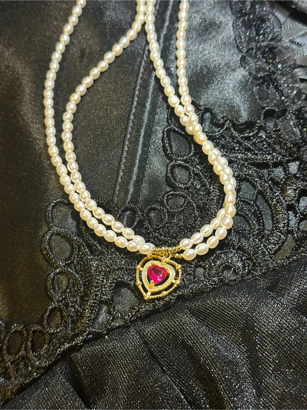$50 Pearl Necklace choker with Ruby Heart Pendant image indicator(2)