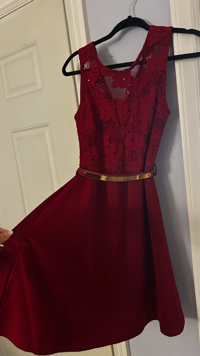 Burgundy Lace Top Dress with Belt