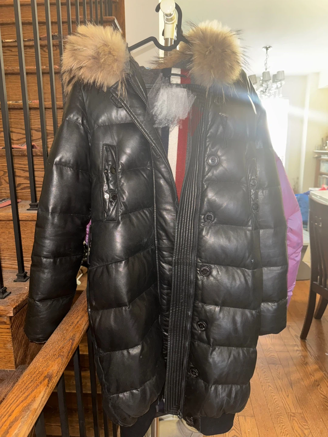 Women Black Leather Puffer Jacket