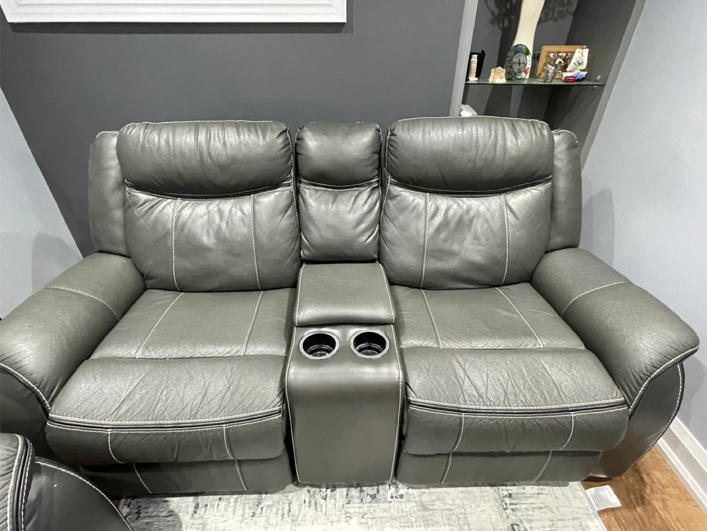 Grey Leather Reclining Sofa with Cup Holders image indicator(2)
