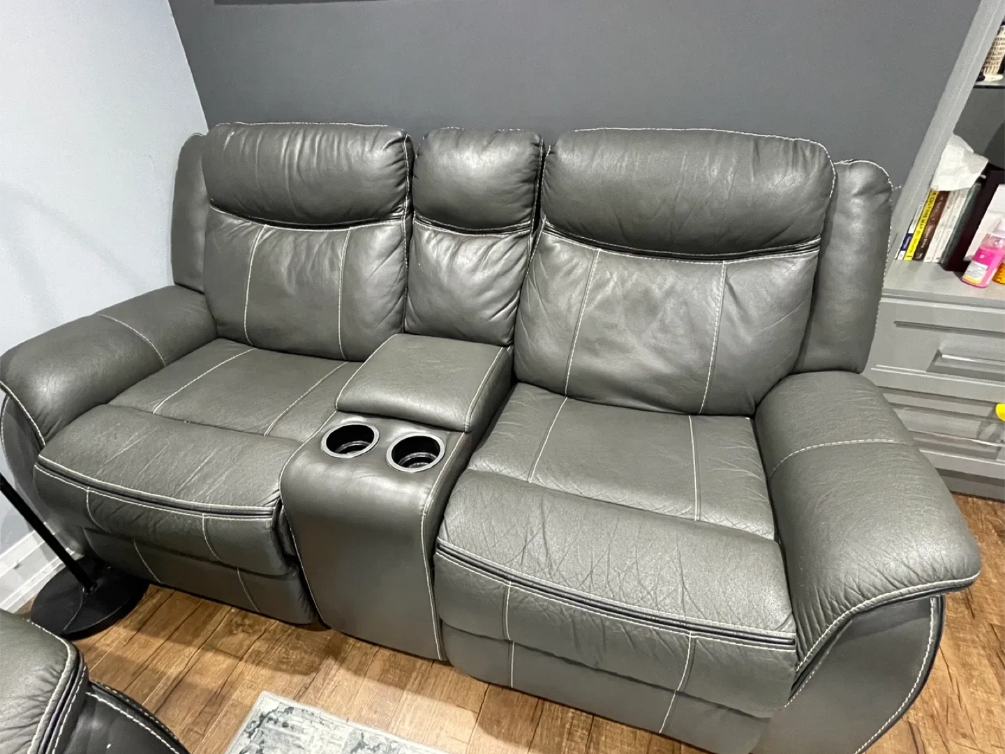 Grey Leather Reclining Sofa with Cup Holders image indicator(3)