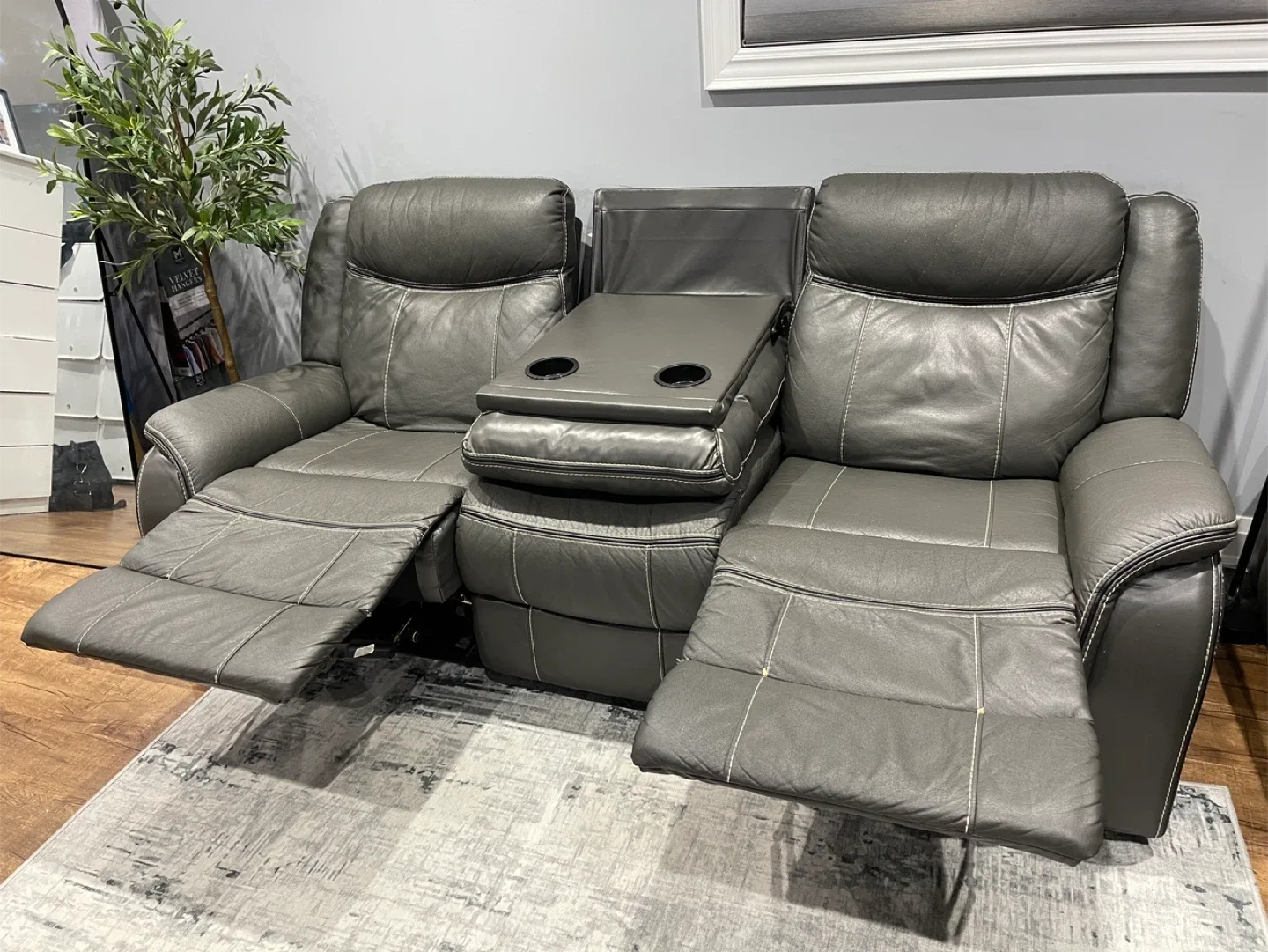 Grey Leather Reclining Sofa with Cup Holders image indicator(6)