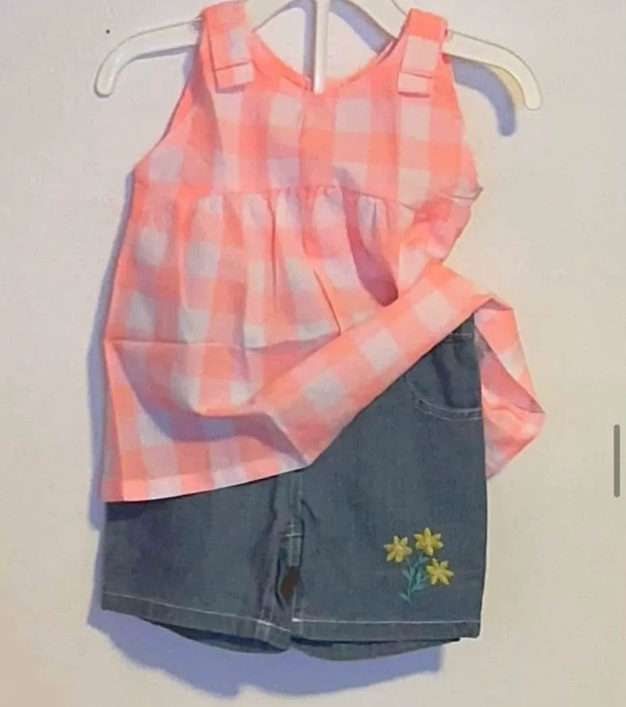 Girl's Plaid Top & Denim Shorts Set (Size:24Months) thumbnail