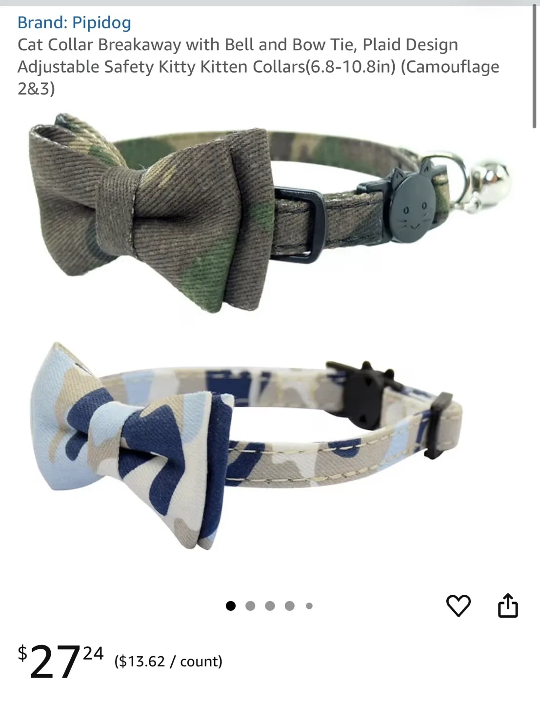 Pipidog Cat Collar with Bow Tie, Camouflage (new/unopened) thumbnail