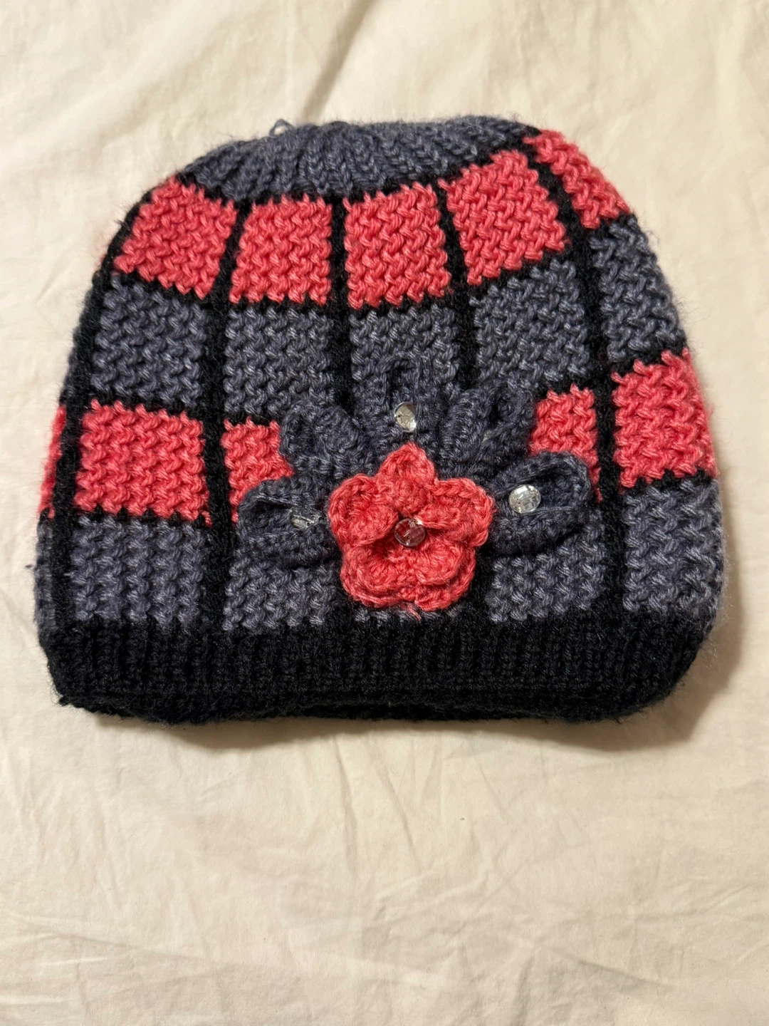 Handmade Knitted Beanie - Gray & Pink