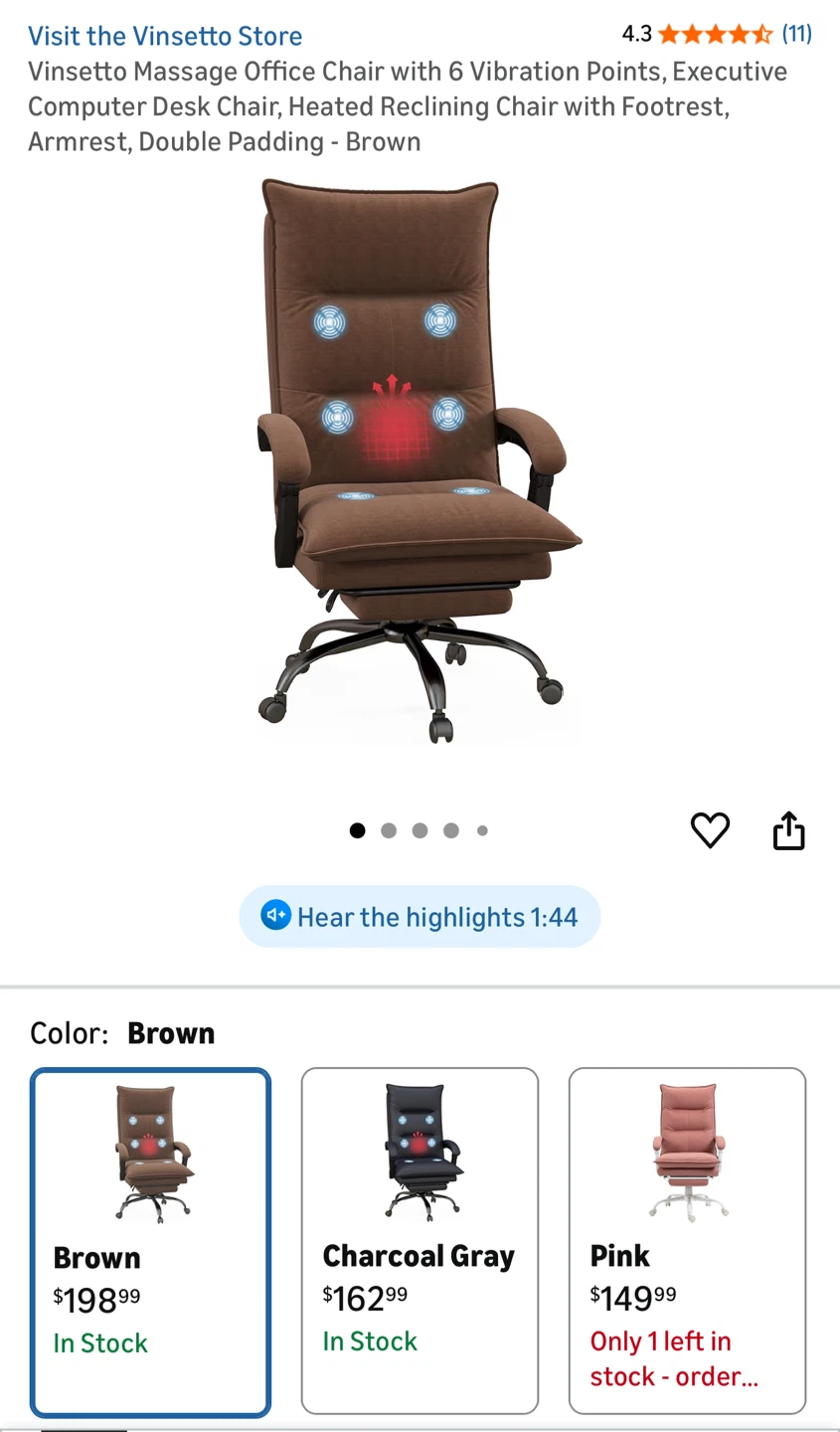 Vinsetto Brown Massage Office Chair w/ Vibration & Heat