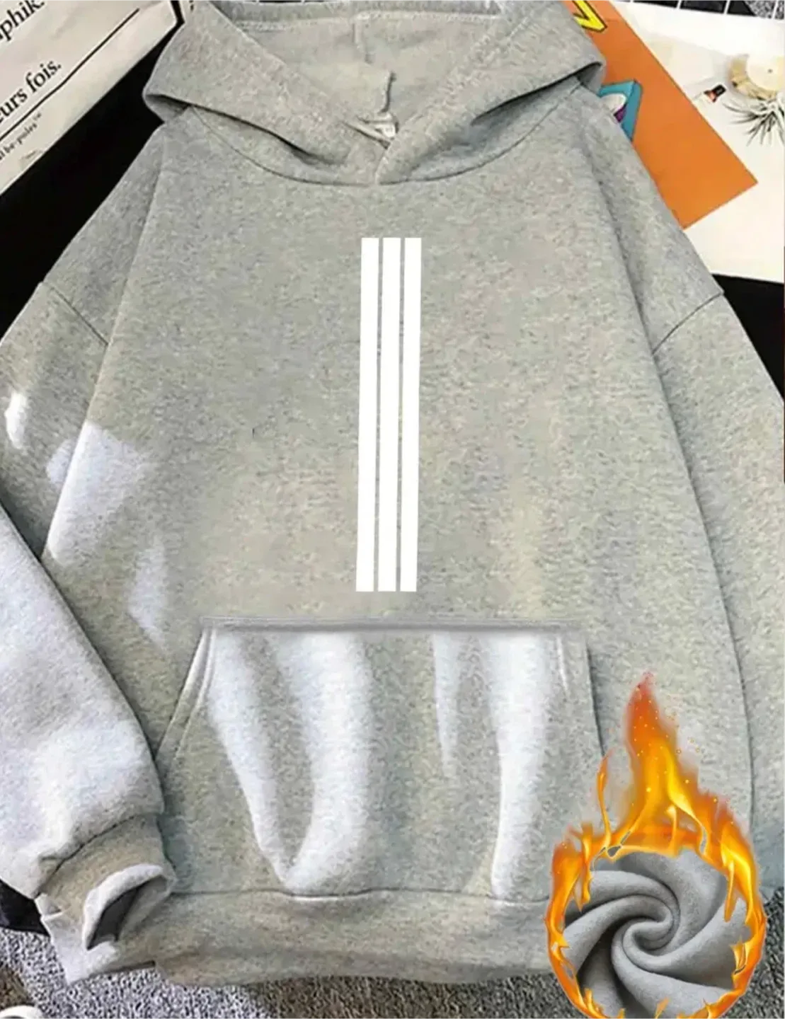 Grey Hoodie with White Stripes thumbnail