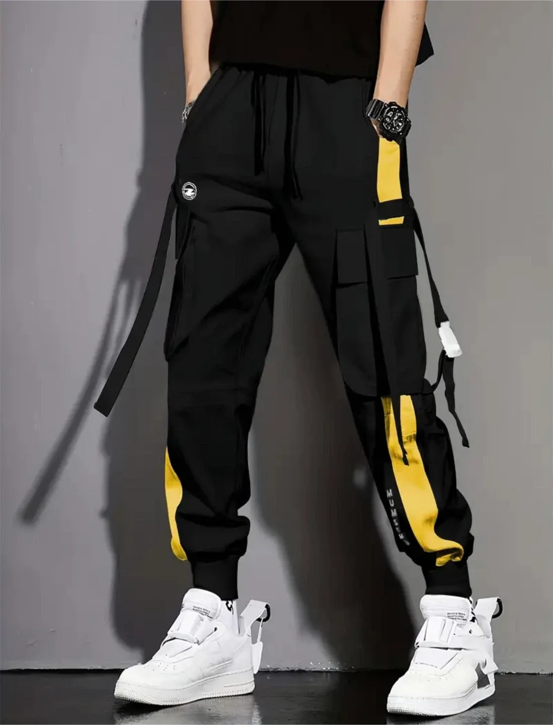 Black Cargo Pants with Yellow Accent