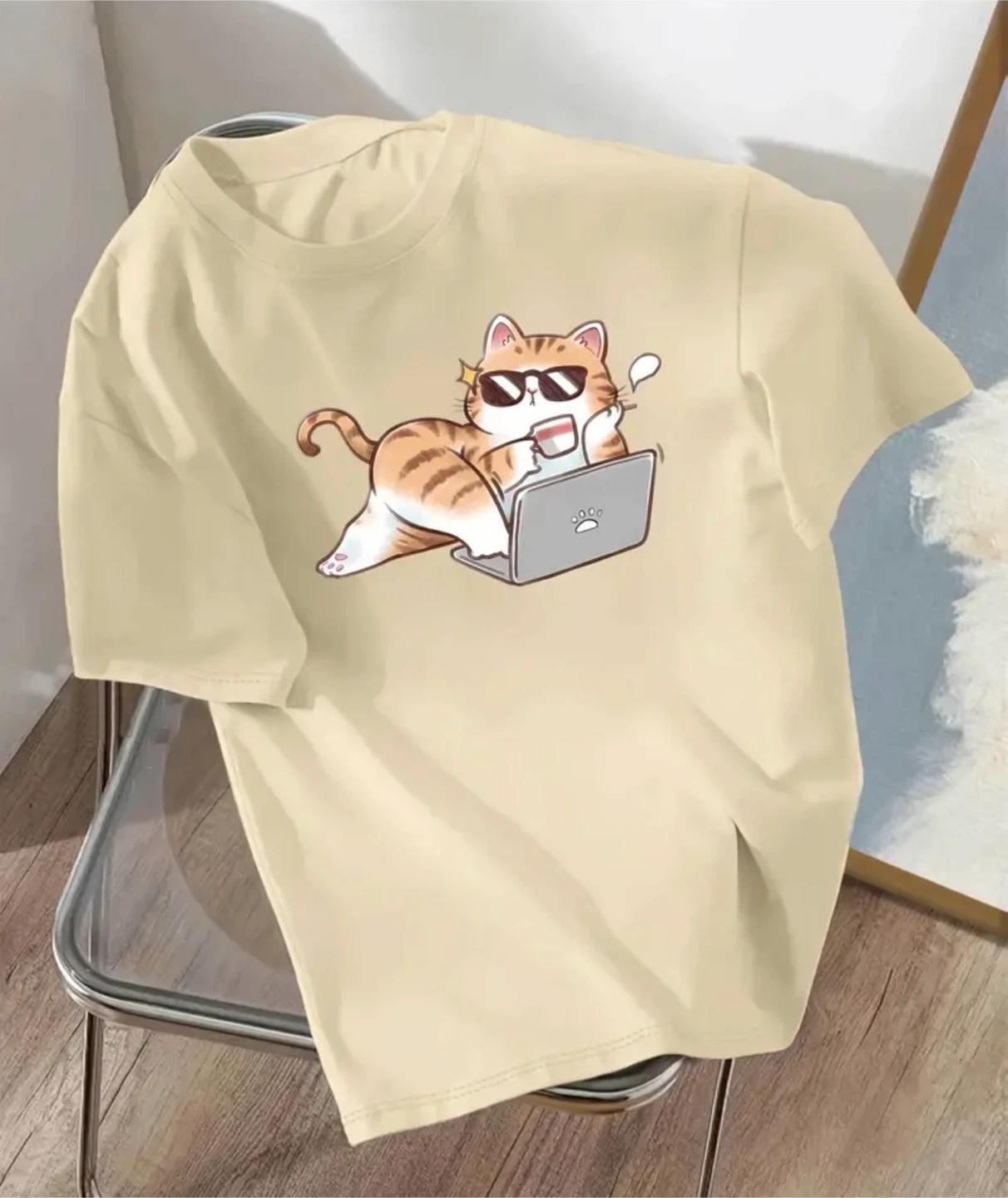 Beige T-Shirt with Cool Cat Design