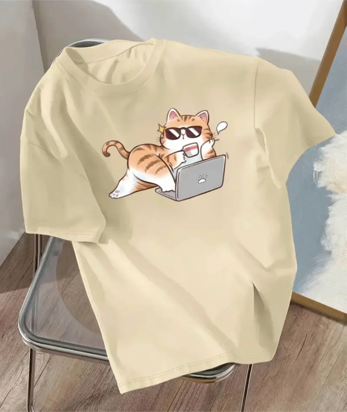Beige T-Shirt with Cool Cat Design thumbnail