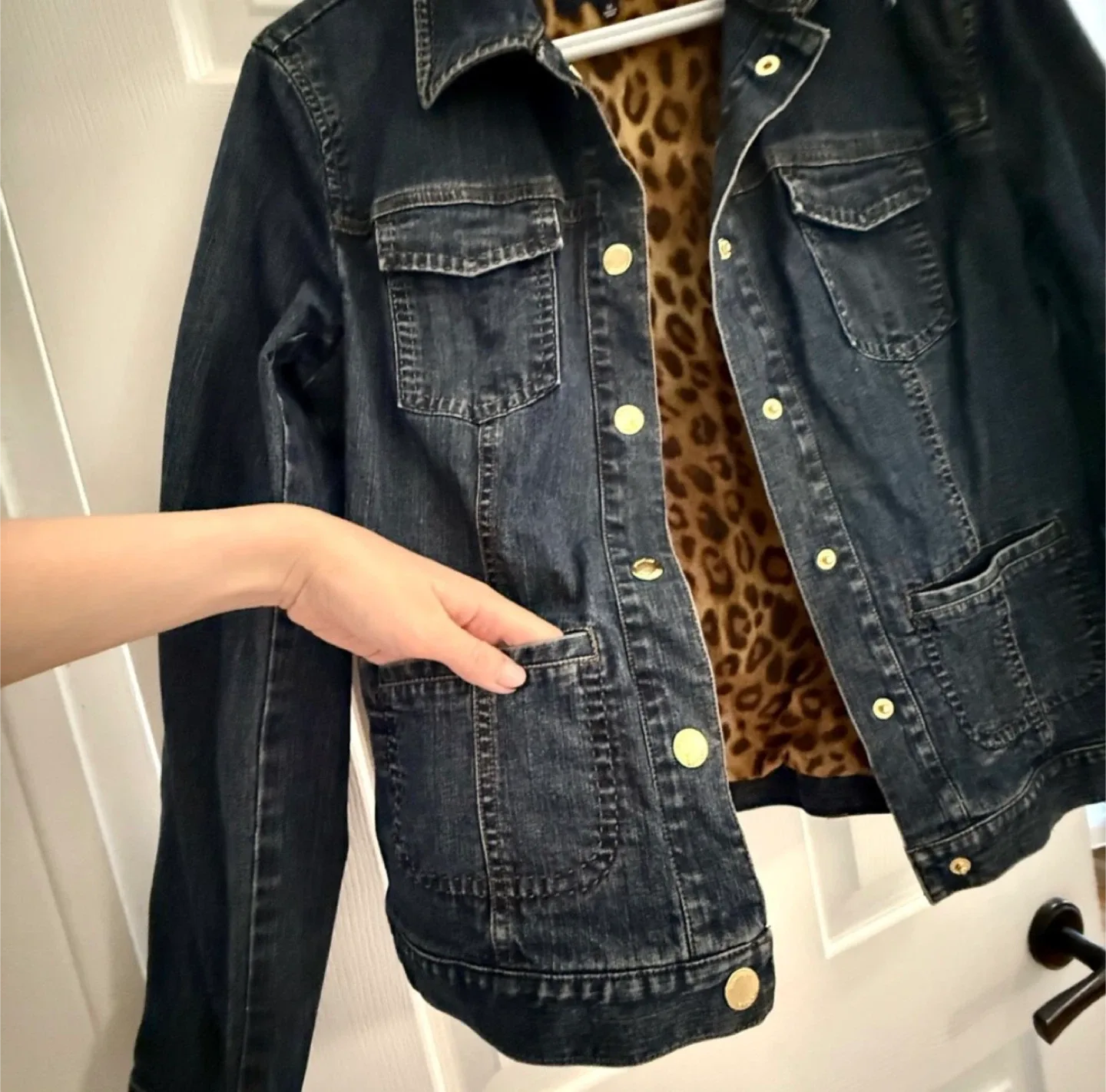 Jones New York Stretch Blue Denim Leopard Print Jacket image indicator(5)