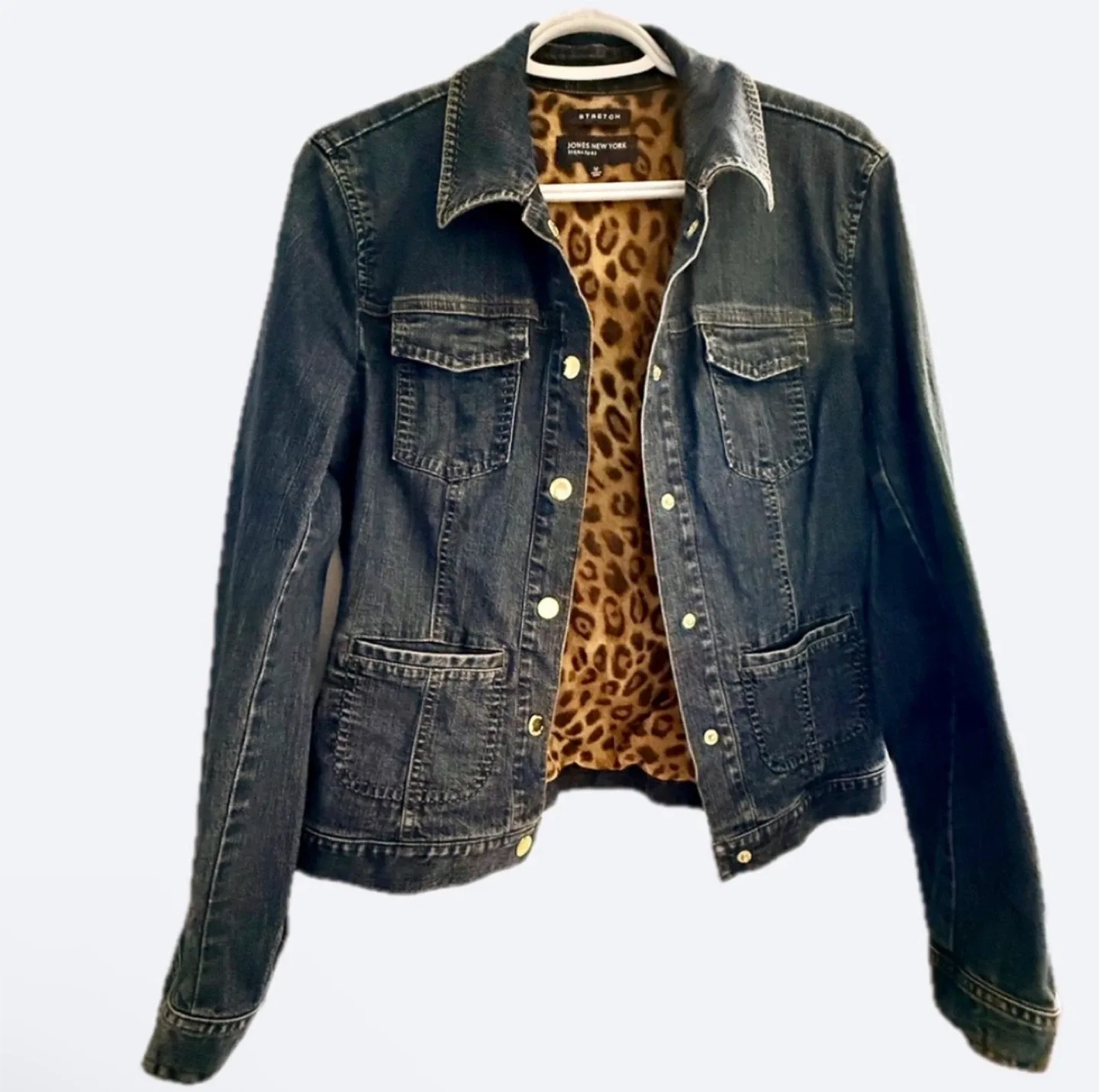 Jones New York Stretch Blue Denim Leopard Print Jacket image indicator(10)